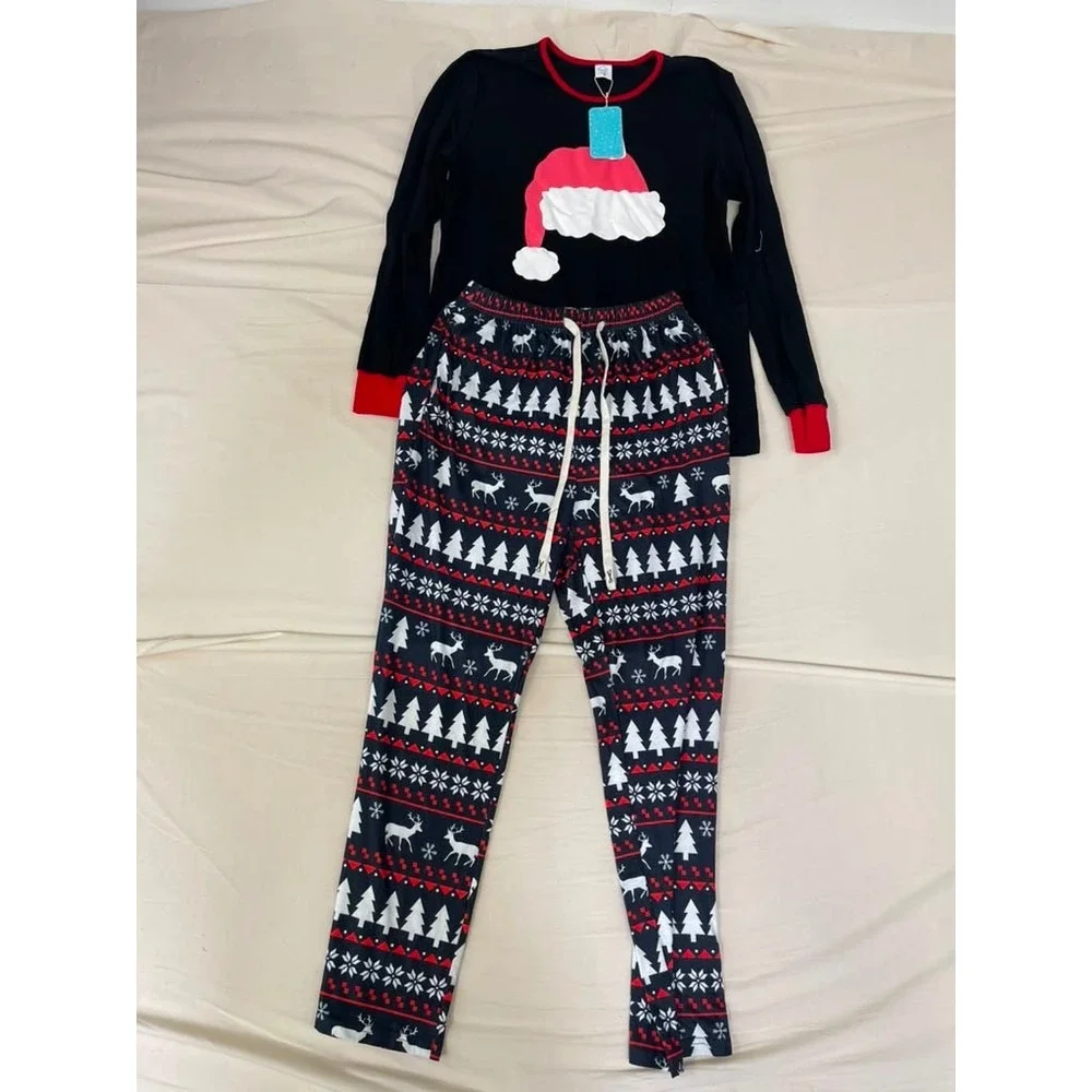 IFFEI Womens Christmas Pajama Set Santa Hat Top Fair Isle Reindeer Pants Small